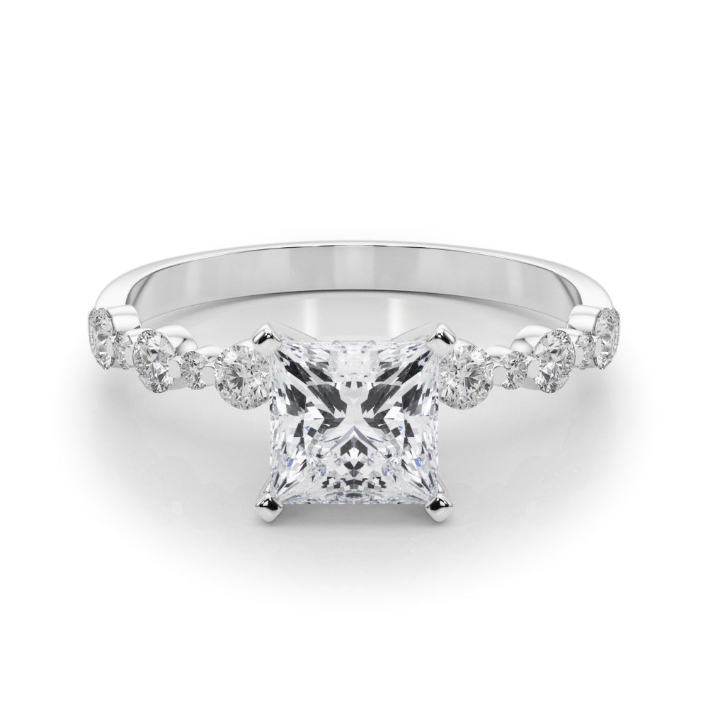 Silver Princess Diamond Prong Set Engagement Ring with Pave Band