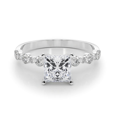 Silver Princess Diamond Prong Set Engagement Ring with Pave Band