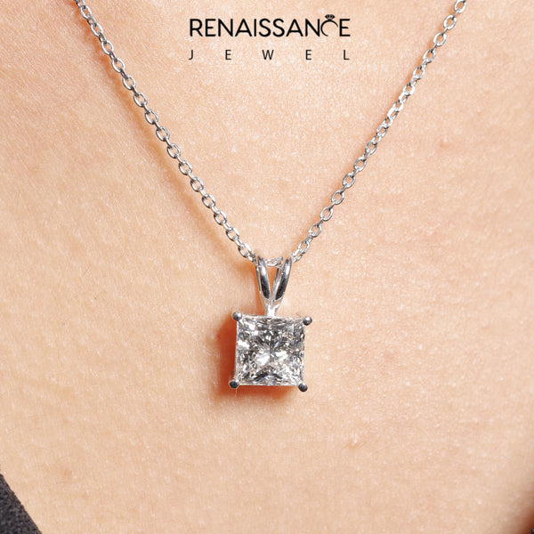 Silver Princess Diamond Solitaire Pendant with Four Prong Setting