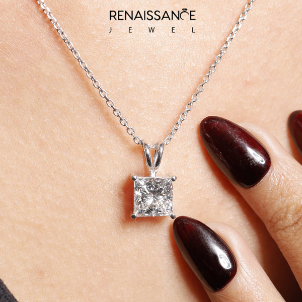 White gold Princess Diamond Solitaire Pendant with Four Prong Setting