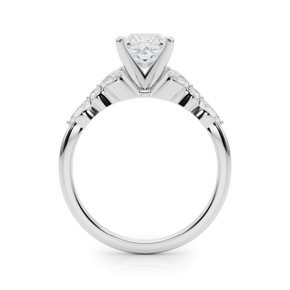 Silver Princess Diamond Solitaire with Side Stones on a Silver Band and Four-Prong Setting 1