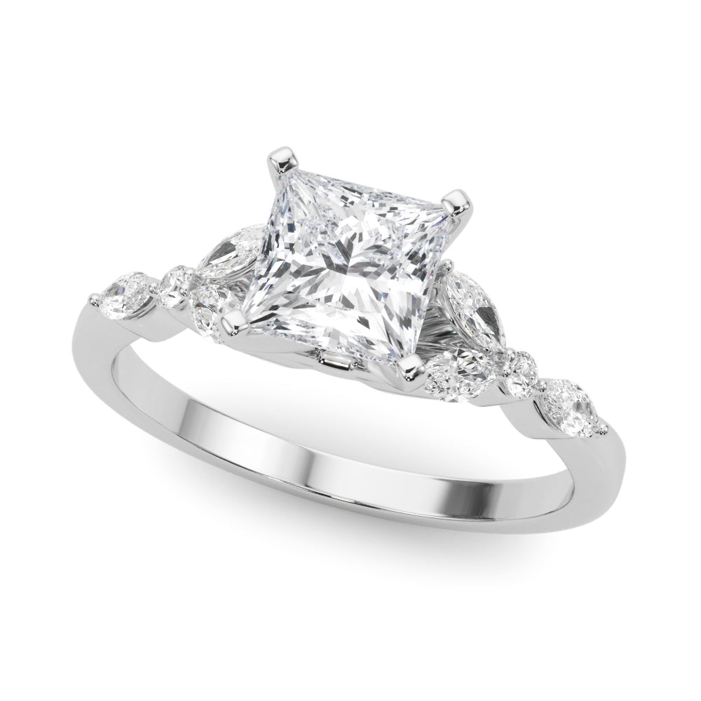 Silver Princess Diamond Solitaire with Side Stones on a Silver Band and Four-Prong Setting 2