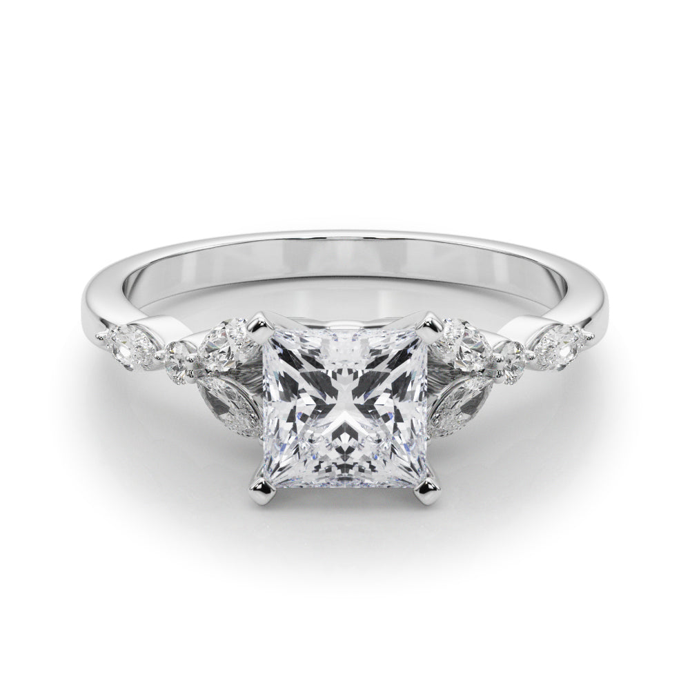 Silver Princess Diamond Solitaire with Side Stones on a Silver Band and Four-Prong Setting