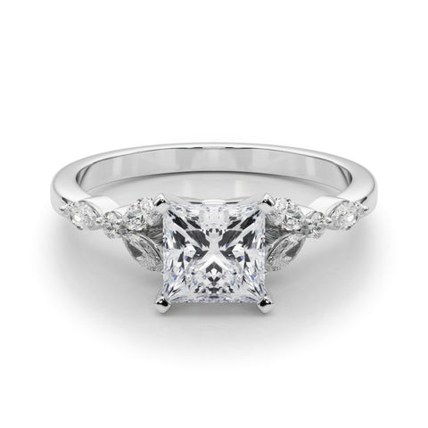 Silver Princess Diamond Solitaire with Side Stones on a Silver Band and Four-Prong Setting