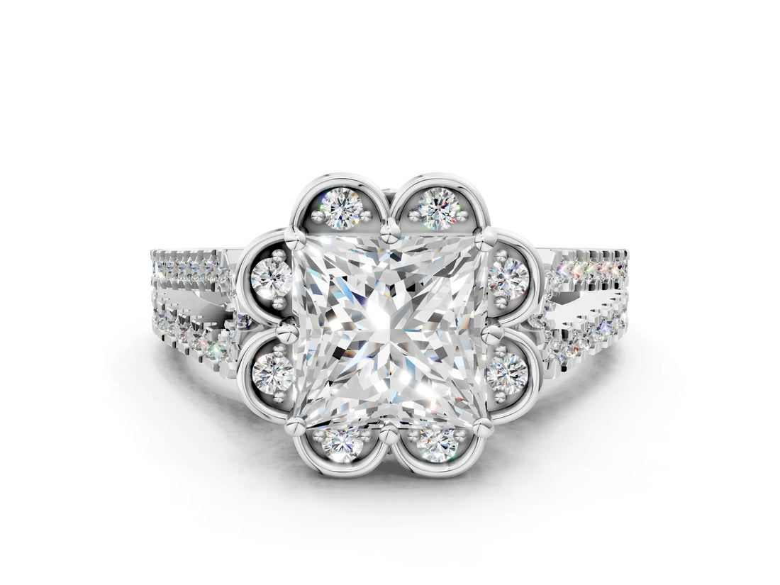Silver Princess Halo Diamond Floral Split Shank Engagement Ring