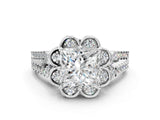 Silver Princess Halo Diamond Floral Split Shank Engagement Ring