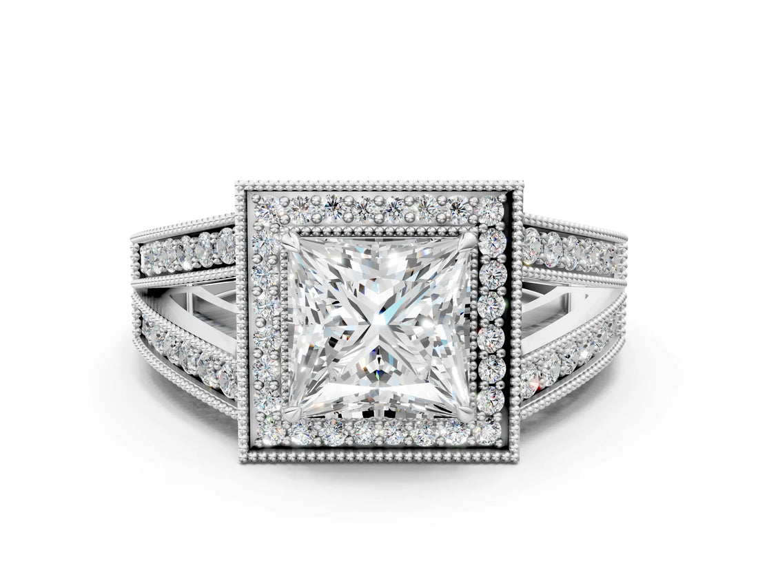 Silver Princess Halo Split Shank Diamond Ring with Milgrain Prong Setting_6