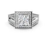 Silver Princess Halo Split Shank Diamond Ring with Milgrain Prong Setting_6
