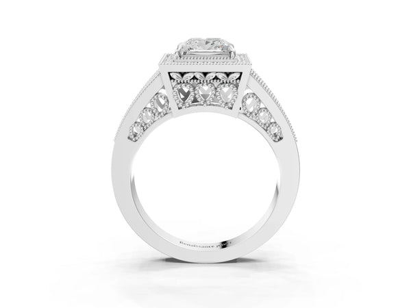 Sterling Silver Princess Cut Vintage Milgrain Halo Engagement Ring Setting with Pave Split Shank