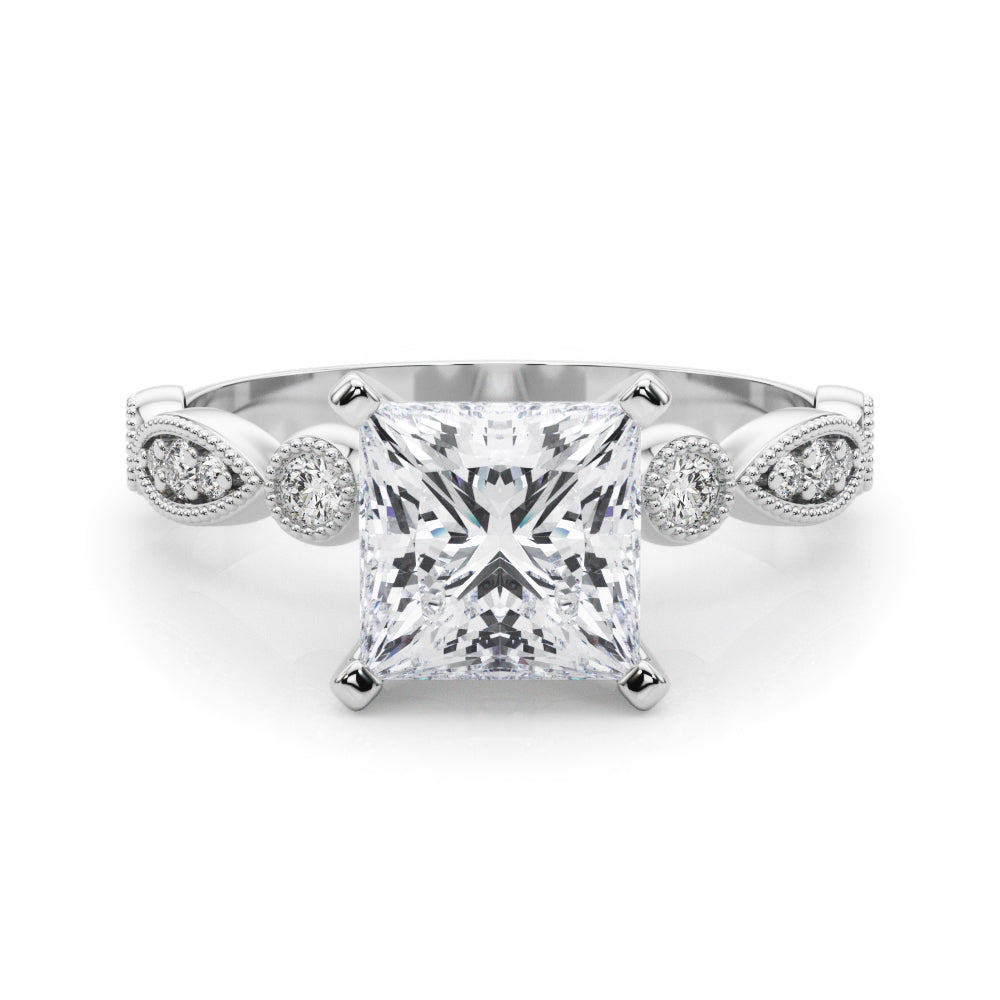 Silver Princess Milgrain Bezel Diamond Engagement Ring with Solitaire Prong Setting