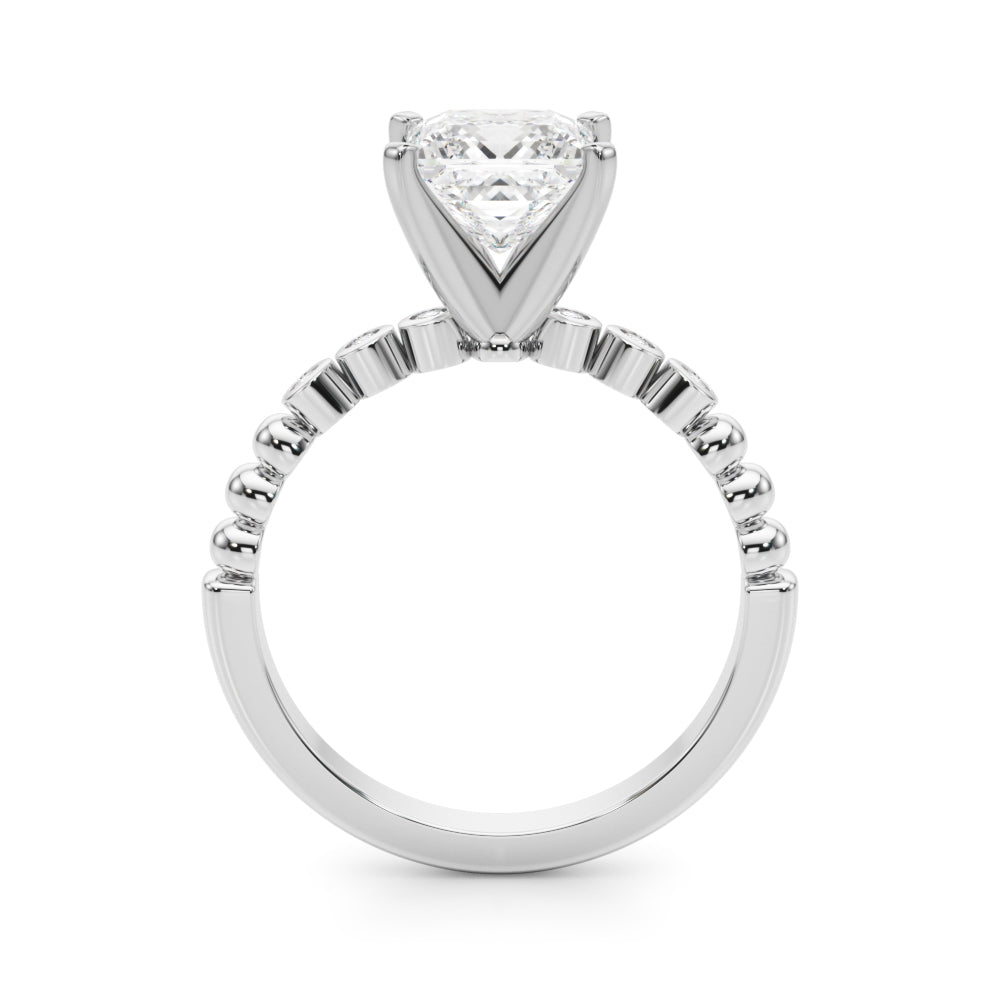 Silver Princess Solitaire Bezel Accent Diamond Engagement Ring with Beaded Band and Four-Prong Setting 1