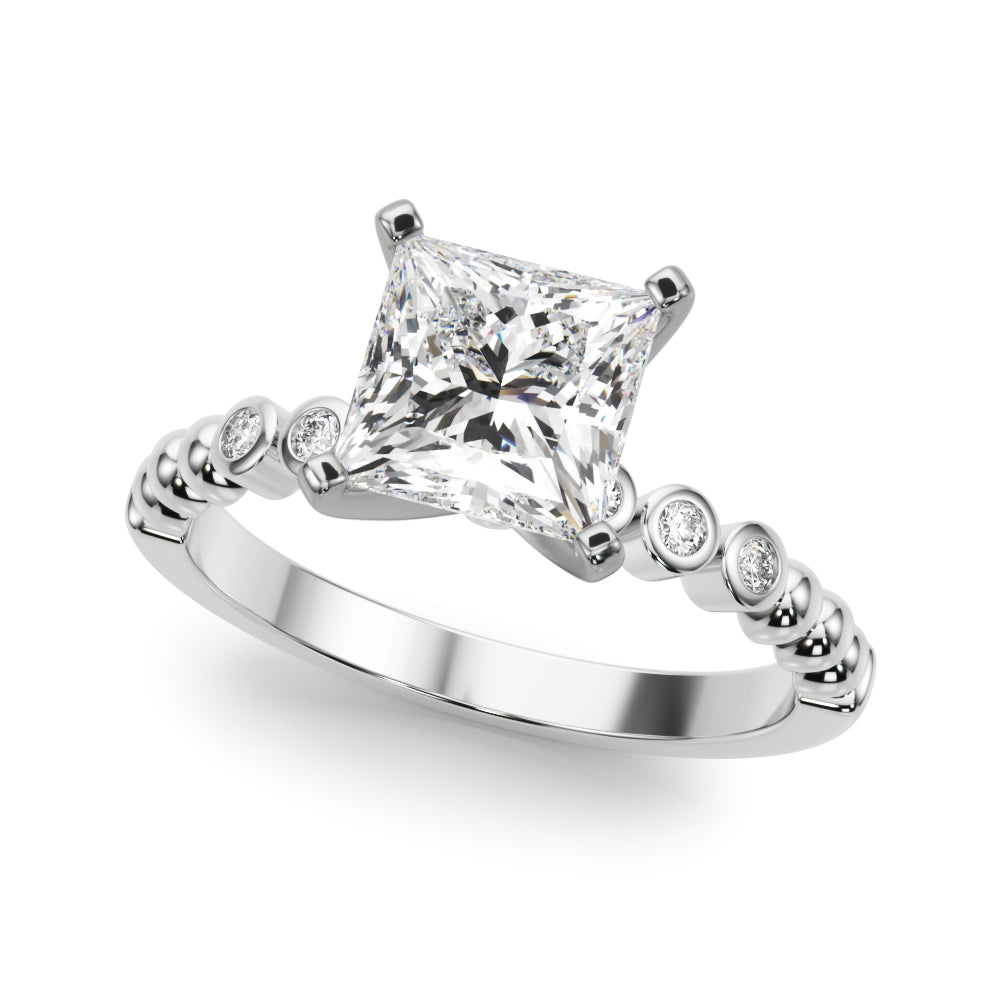 Silver Princess Solitaire Bezel Accent Diamond Engagement Ring with Beaded Band and Four-Prong Setting 2