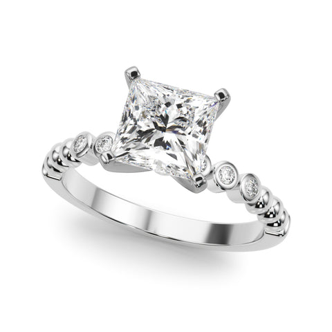 Silver Princess Solitaire Bezel Accent Diamond Engagement Ring with Beaded Band and Four-Prong Setting 2