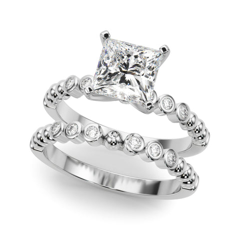 Silver Princess Solitaire Bezel Accent Diamond Engagement Ring with Beaded Band and Four-Prong Setting