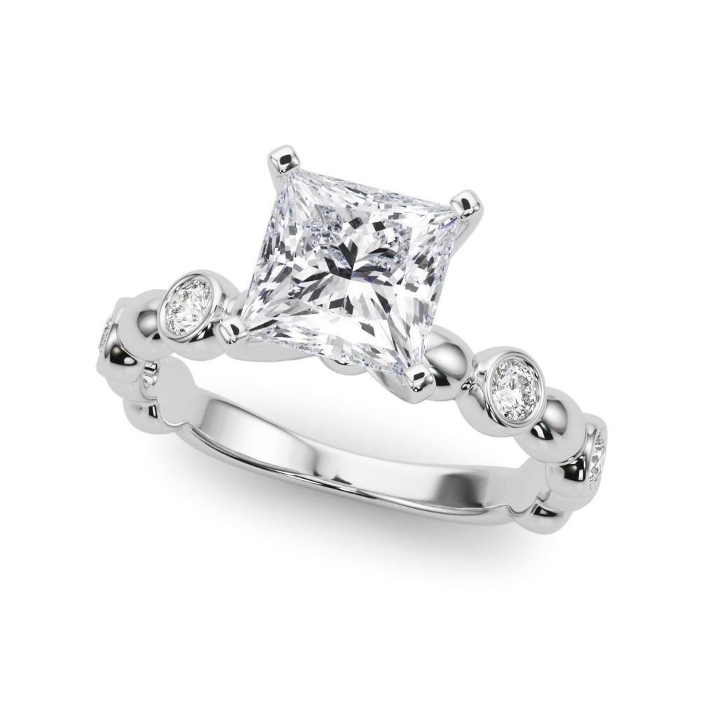 Silver Princess Solitaire Bezel-Set Diamond Ring with Beaded Band and Four-Prong Setting 2