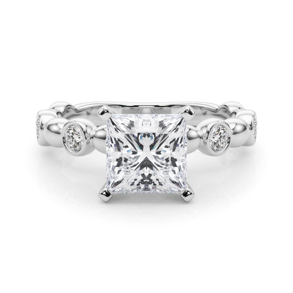 Silver Princess Solitaire Bezel-Set Diamond Ring with Beaded Band and Four-Prong Setting