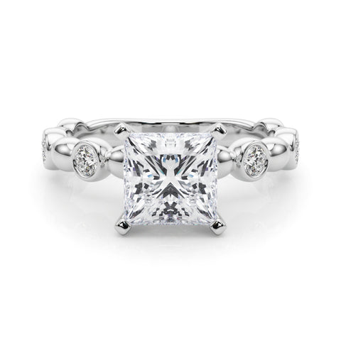 Silver Princess Solitaire Bezel-Set Diamond Ring with Beaded Band and Four-Prong Setting