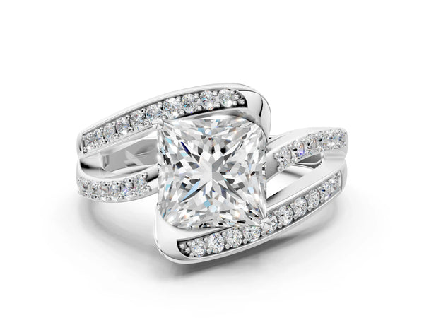 Silver Princess Solitaire Bypass Diamond Engagement Ring with Channel-Set Band and Four-Prong Setting