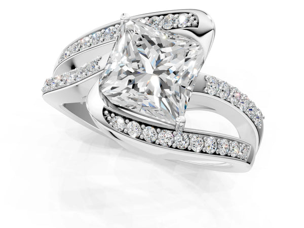 Silver Princess Solitaire Bypass Diamond Engagement Ring with Channel-Set Band and Four-Prong Setting