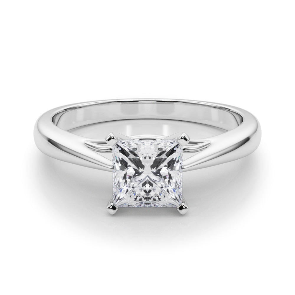 Silver Princess Solitaire Diamond Engagement Ring with Cathedral Setting and Four-Prong Mount on a Classic Band