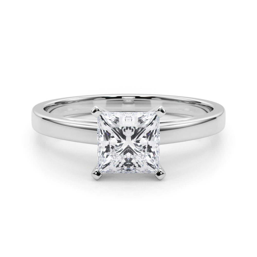 Silver Princess Solitaire Diamond Engagement Ring with Four-Prong Setting on a Classic Band