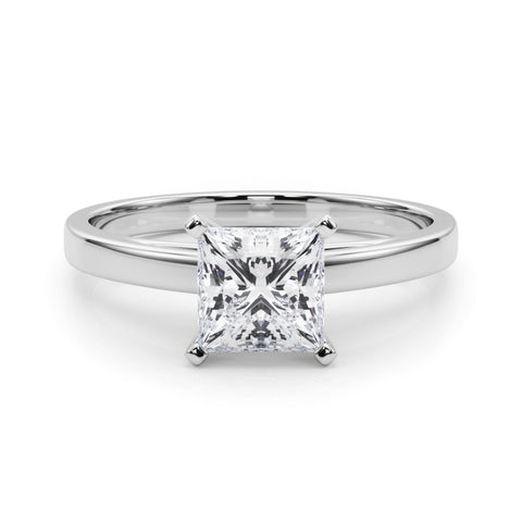 Silver Princess Solitaire Diamond Engagement Ring with Four-Prong Setting on a Classic Band