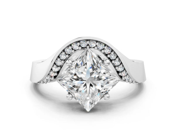 Sterling Silver Princess Cut Bypass Solitaire Engagement Ring Setting with Pave Wave Band