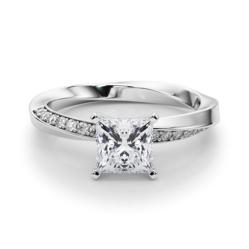 Silver Princess Solitaire Diamond Engagement Ring with Side Stone Accents and Four-Prong Setting