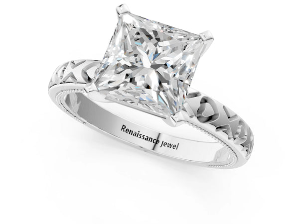 Sterling Silver Princess Cut Solitaire Engagement Ring Setting with XO Engraved Band