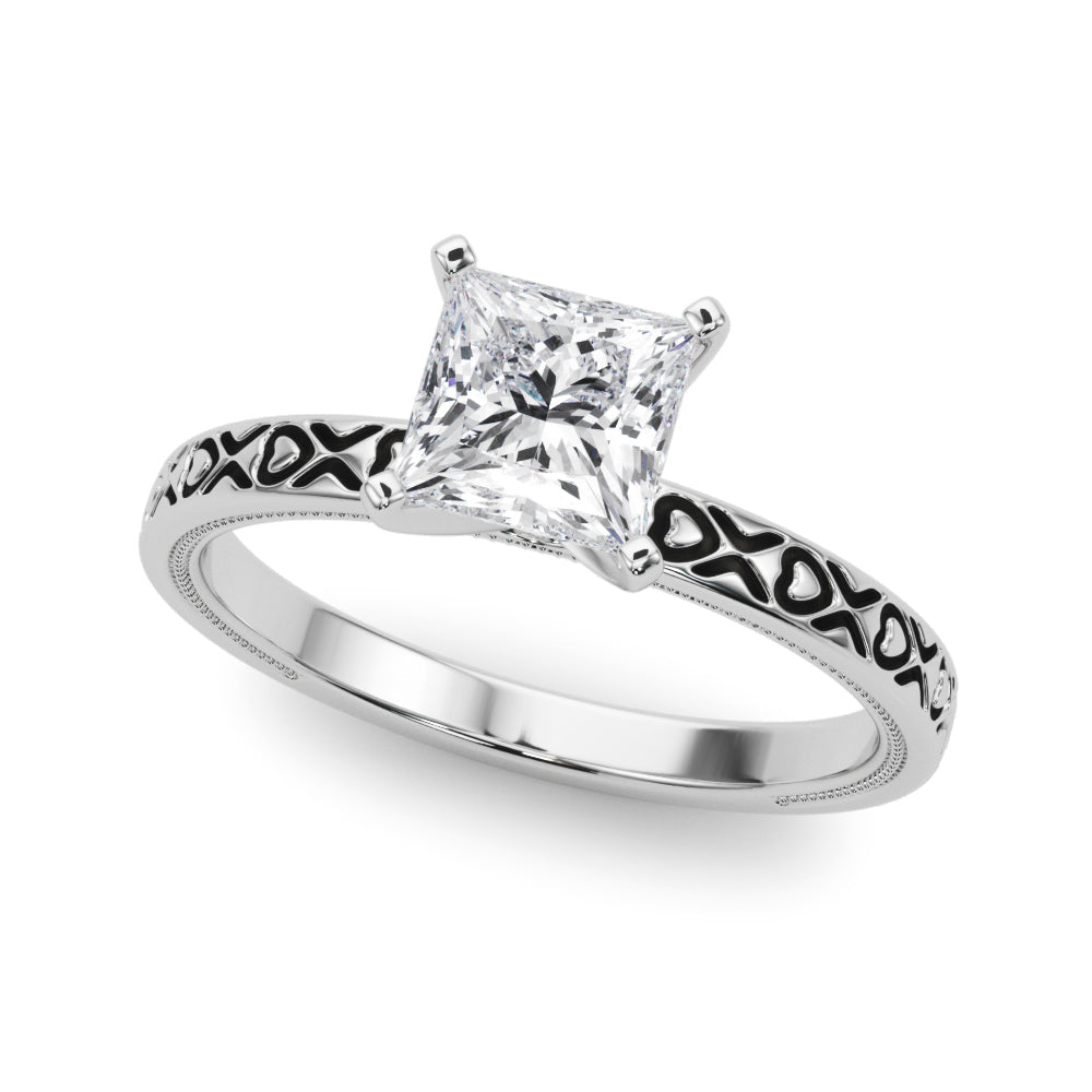 Silver Princess Solitaire Diamond Engagement Ring with XO Engraved Band and Four-Prong Setting 2