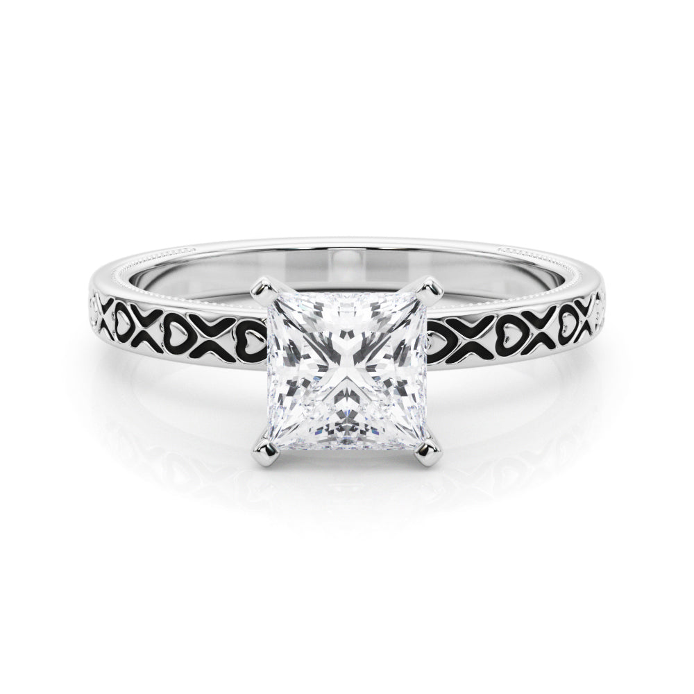 Silver Princess Solitaire Diamond Engagement Ring with XO Engraved Band and Four-Prong Setting
