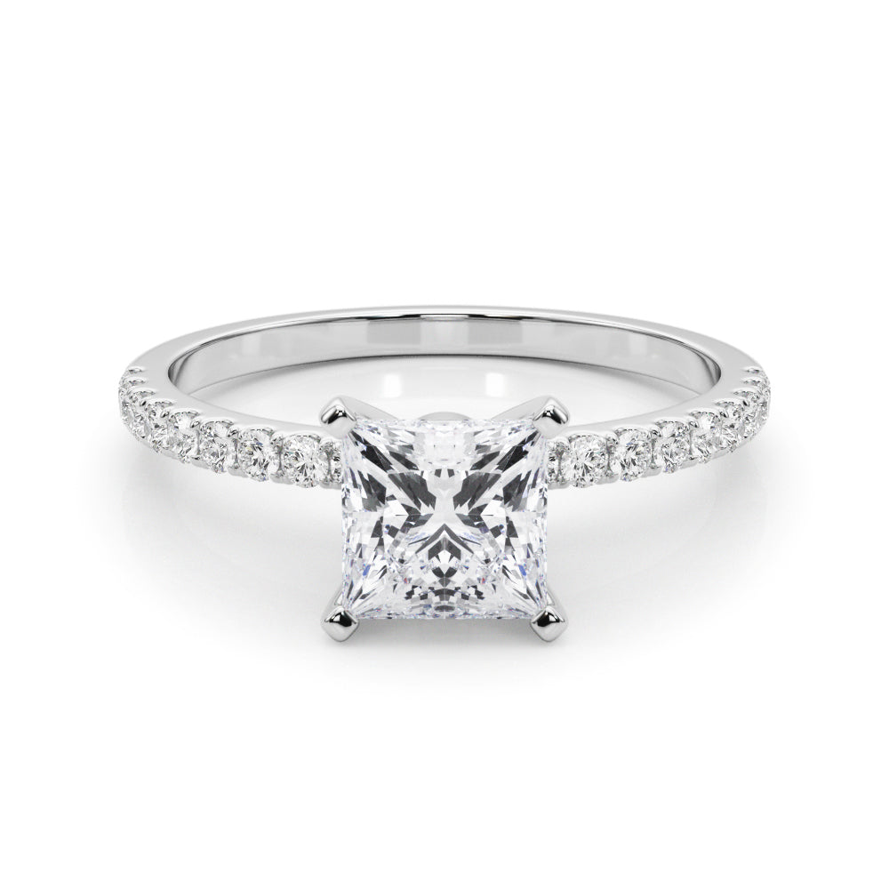 Silver Princess Solitaire Diamond Pavé Band with Four-Prong Setting