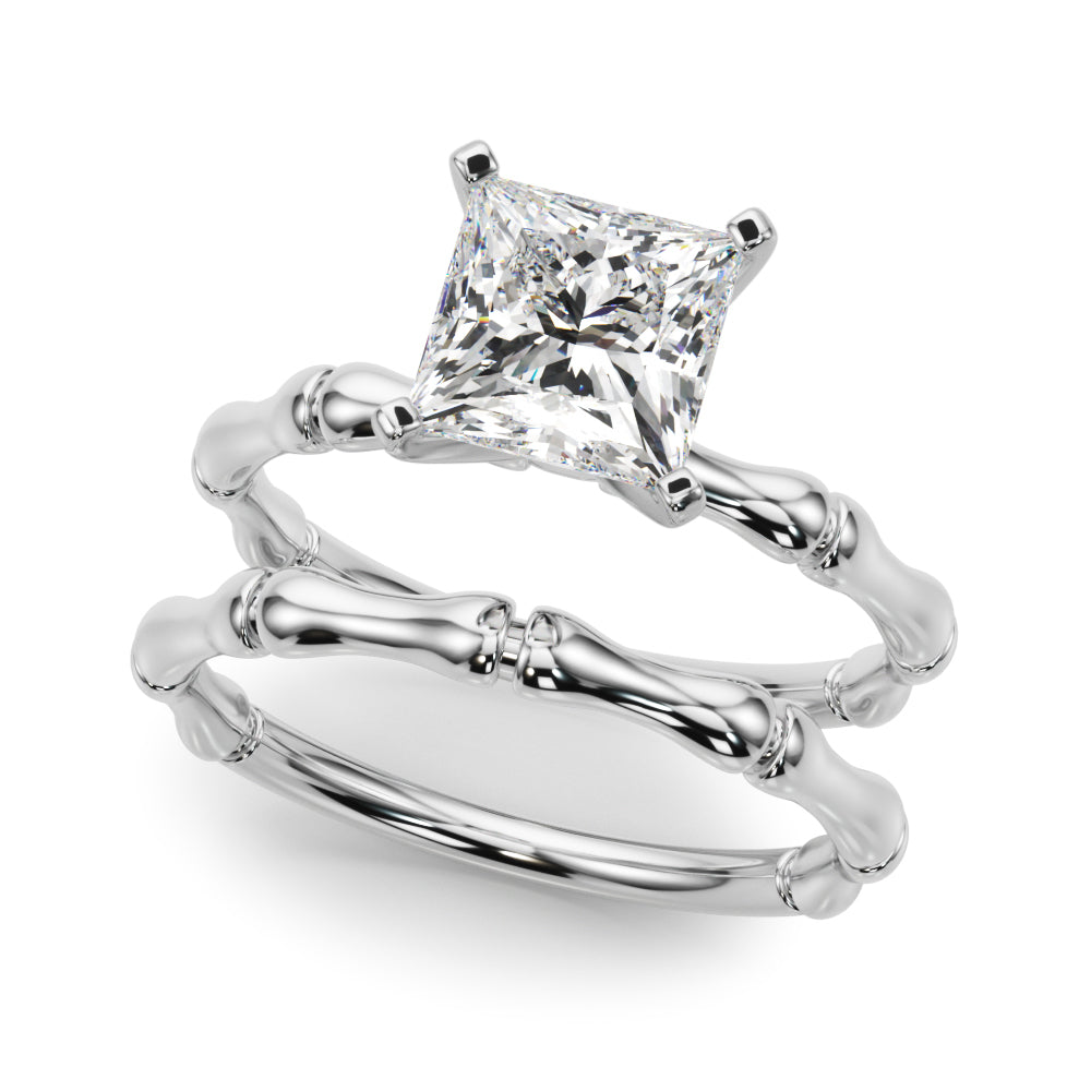 Silver Princess Solitaire Diamond Ring with Bamboo Band and Four-Prong Setting
