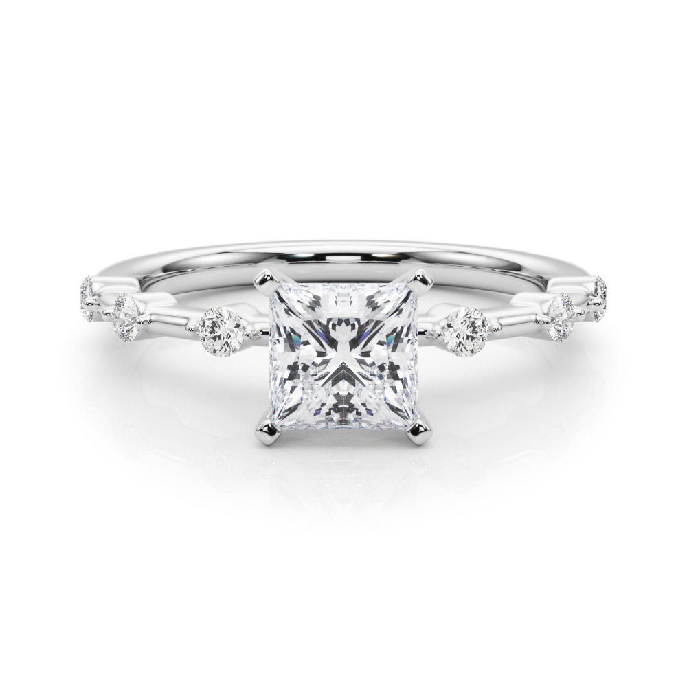 Silver Princess Solitaire Diamond Ring with Bezel Set Side Stones and Prong Setting