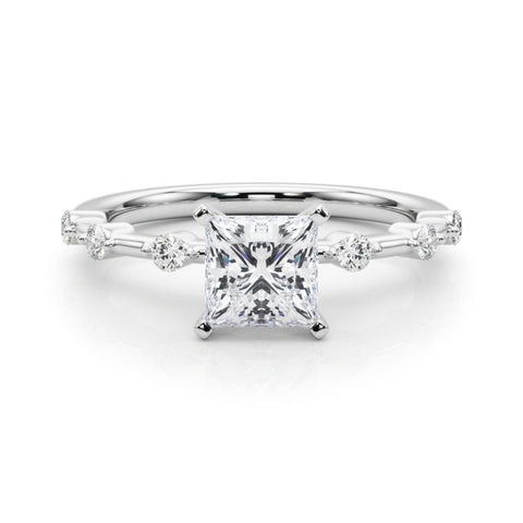 Silver Princess Solitaire Diamond Ring with Bezel Set Side Stones and Prong Setting