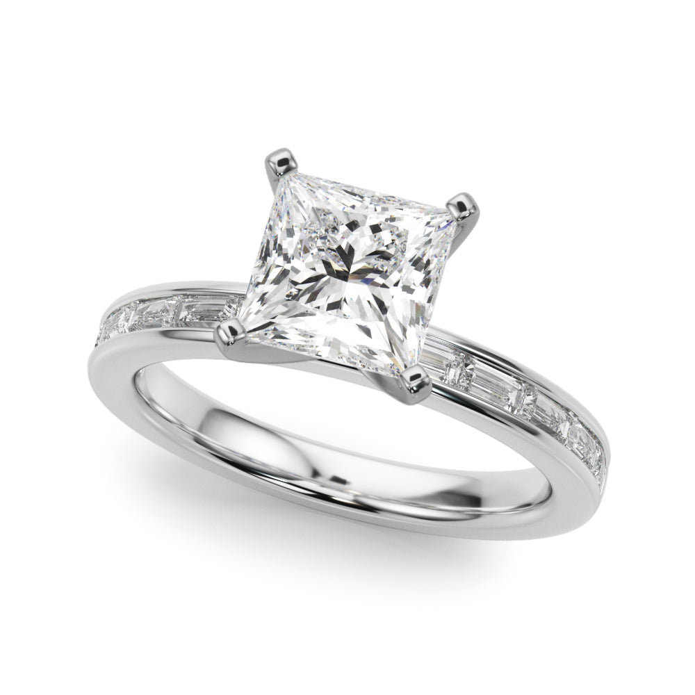 Silver Princess Solitaire Diamond Ring with Channel-Set Baguette Band and Four-Prong Setting 2