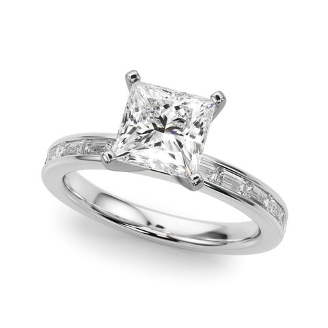 Silver Princess Solitaire Diamond Ring with Channel-Set Baguette Band and Four-Prong Setting 2