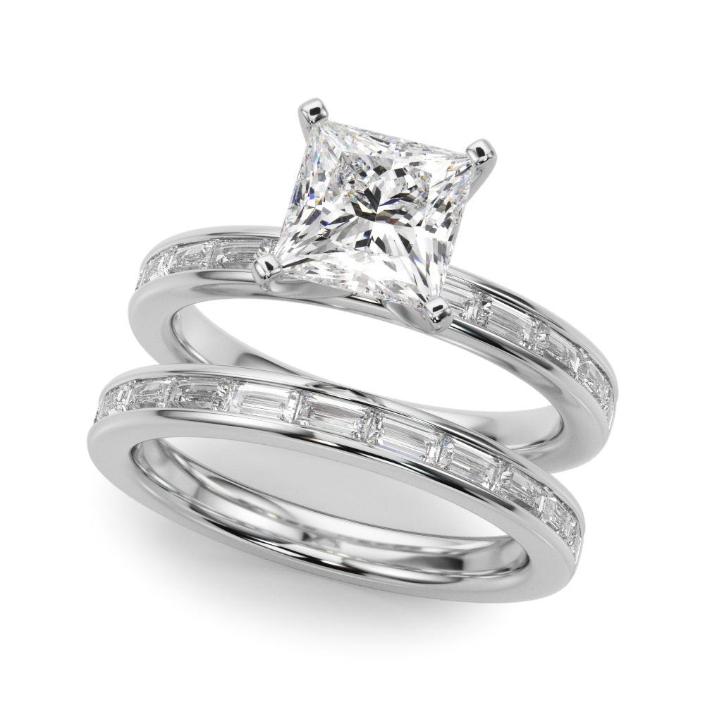 Silver Princess Solitaire Diamond Ring with Channel-Set Baguette Band and Four-Prong Setting