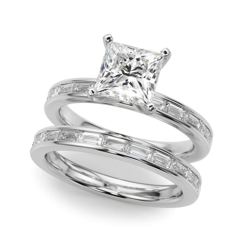 Silver Princess Solitaire Diamond Ring with Channel-Set Baguette Band and Four-Prong Setting