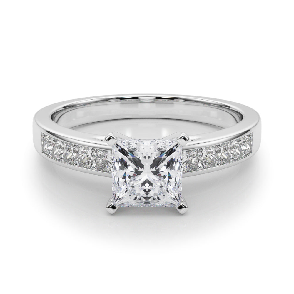 Silver Princess Solitaire Diamond Ring with Channel-Set Band and Four-Prong Setting