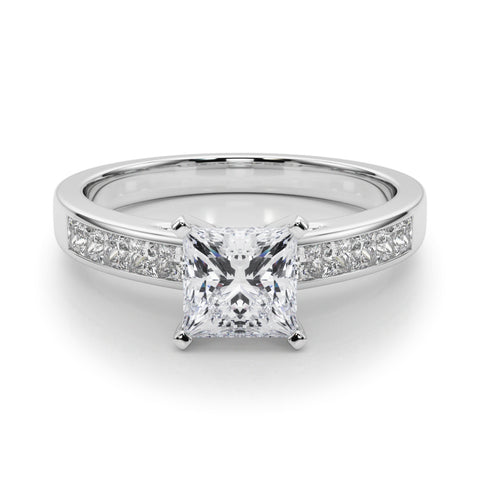 Silver Princess Solitaire Diamond Ring with Channel-Set Band and Four-Prong Setting