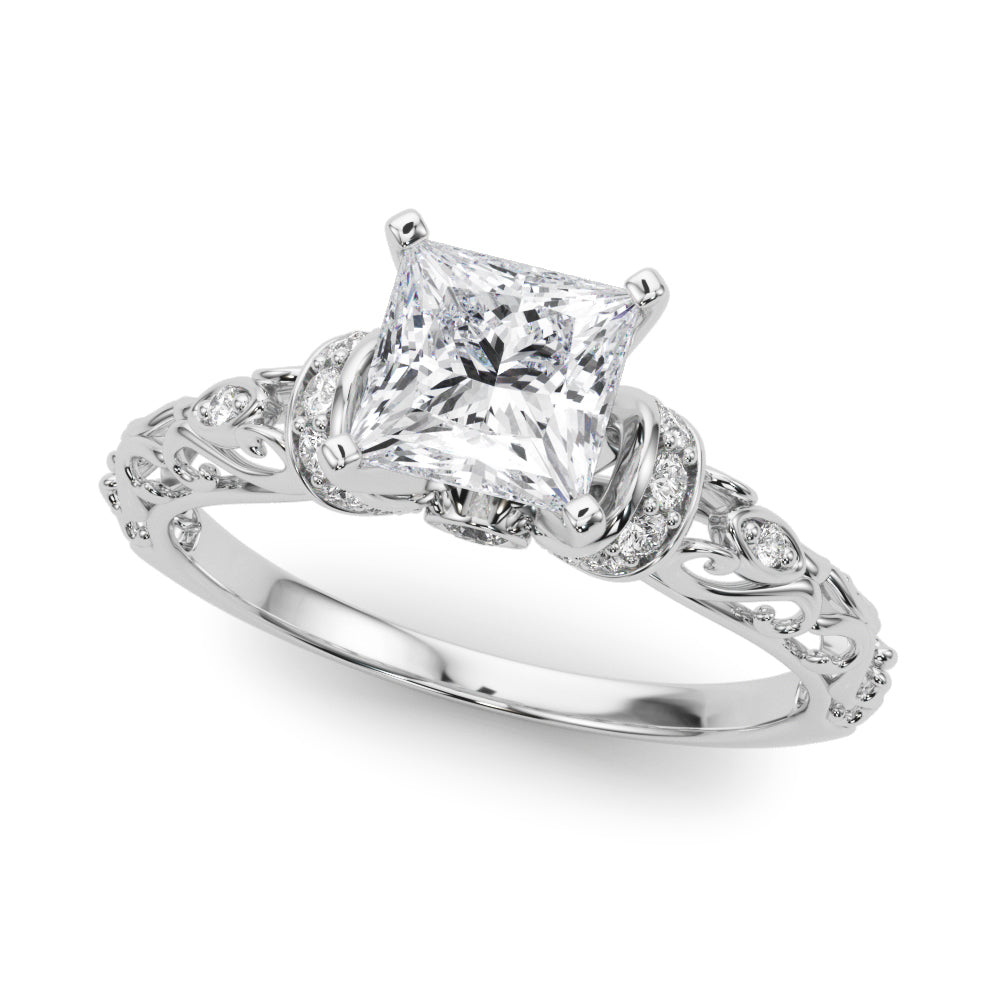Silver 1.10 Carat F VS1 Princess Solitaire Diamond Ring with Filigree Band and Four-Prong Setting