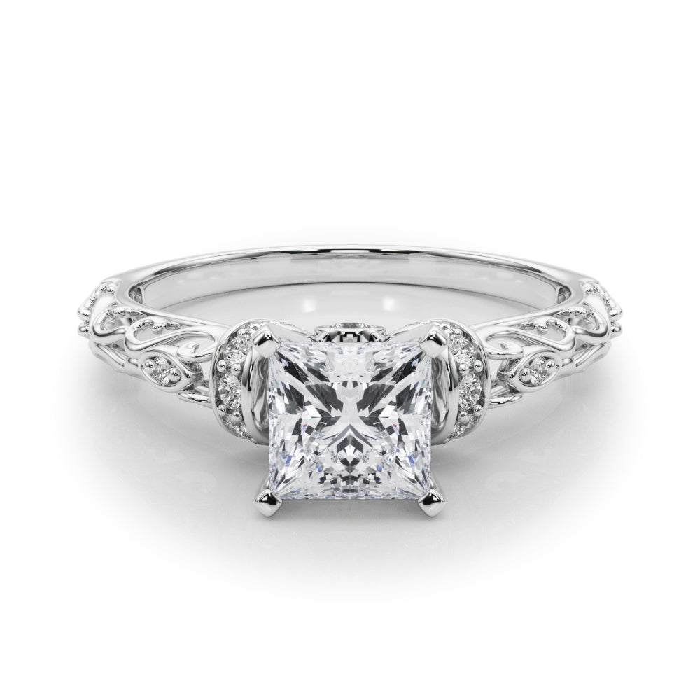 Silver Princess Solitaire Diamond Ring with Filigree Band and Four-Prong Setting