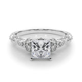 Silver 1.10 Carat F VS1 Princess Solitaire Diamond Ring with Filigree Band and Four-Prong Setting