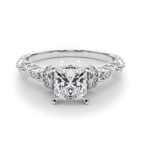 Silver Princess Solitaire Diamond Ring with Filigree Band and Four-Prong Setting