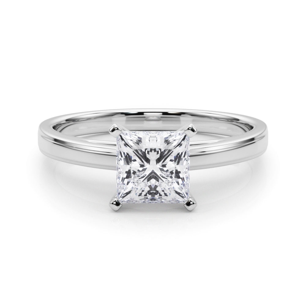 Silver Princess Solitaire Diamond Ring with Four-Prong Setting and Classic Band