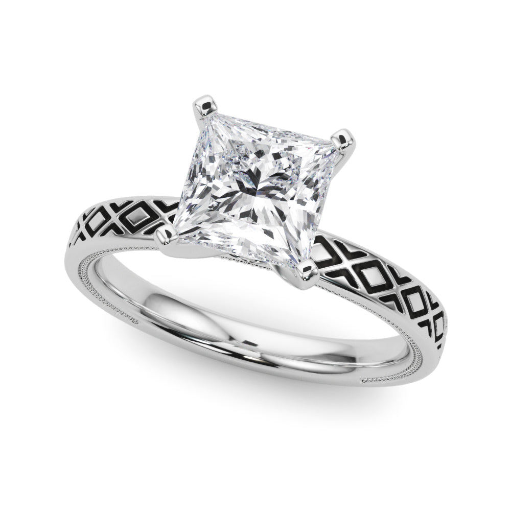 Silver Princess Solitaire Diamond Ring with Milgrain and Black Enamel X Pattern Band 2