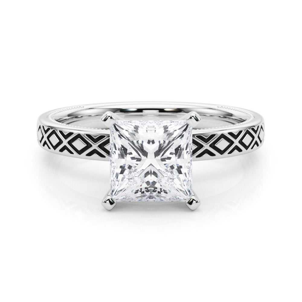 Silver Princess Solitaire Diamond Ring with Milgrain and Black Enamel X Pattern Band