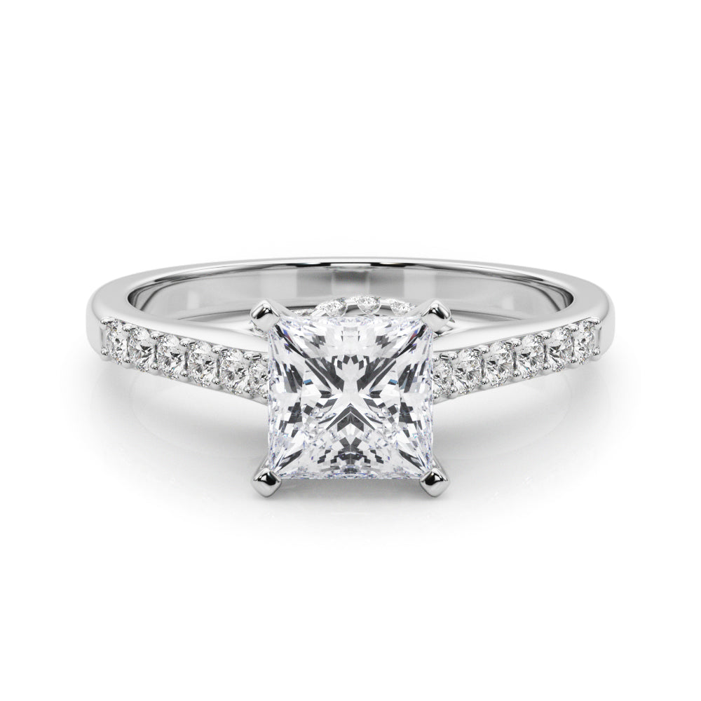 Silver Princess Solitaire Diamond Ring with Pavé Band and Four-Prong Setting