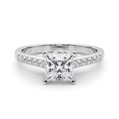 Silver Princess Solitaire Diamond Ring with Pavé Band and Four-Prong Setting